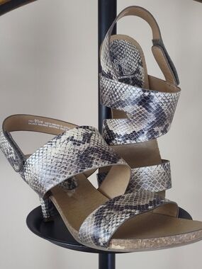 new directions Snake-Print Strappy Heels in Taupe, Black and Cream